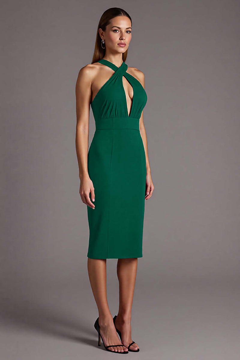 Load image into Gallery viewer, Black Satin Halter Bodycon Keyhole Midi Cocktail Dress