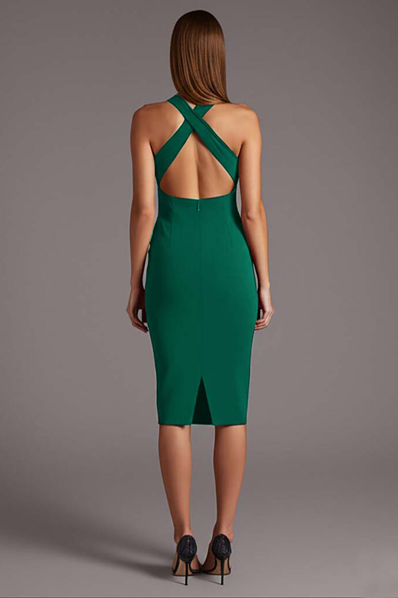 Load image into Gallery viewer, Black Satin Halter Bodycon Keyhole Midi Cocktail Dress