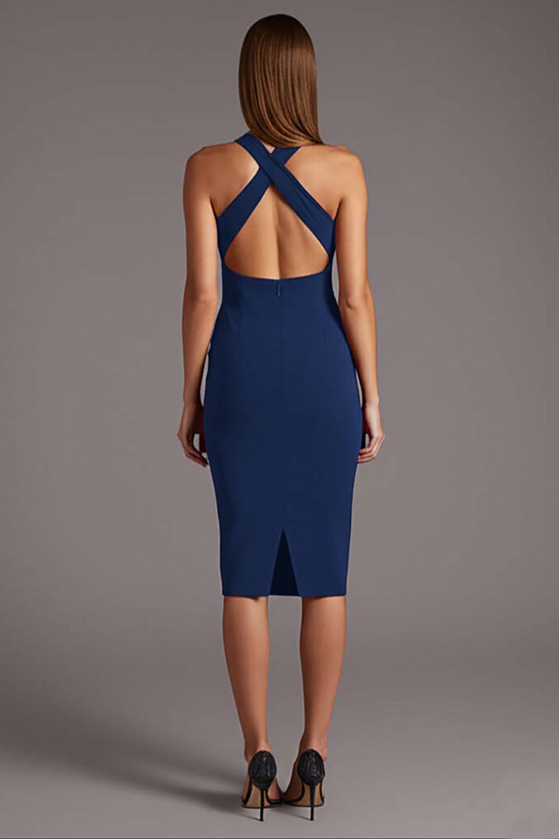 Load image into Gallery viewer, Black Satin Halter Bodycon Keyhole Midi Cocktail Dress