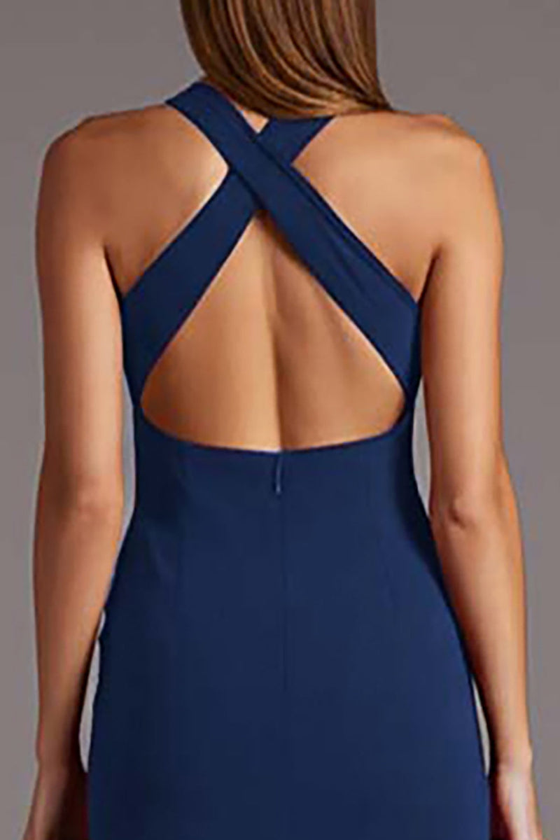 Load image into Gallery viewer, Black Satin Halter Bodycon Keyhole Midi Cocktail Dress