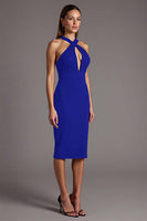 Load image into Gallery viewer, Black Satin Halter Bodycon Keyhole Midi Cocktail Dress