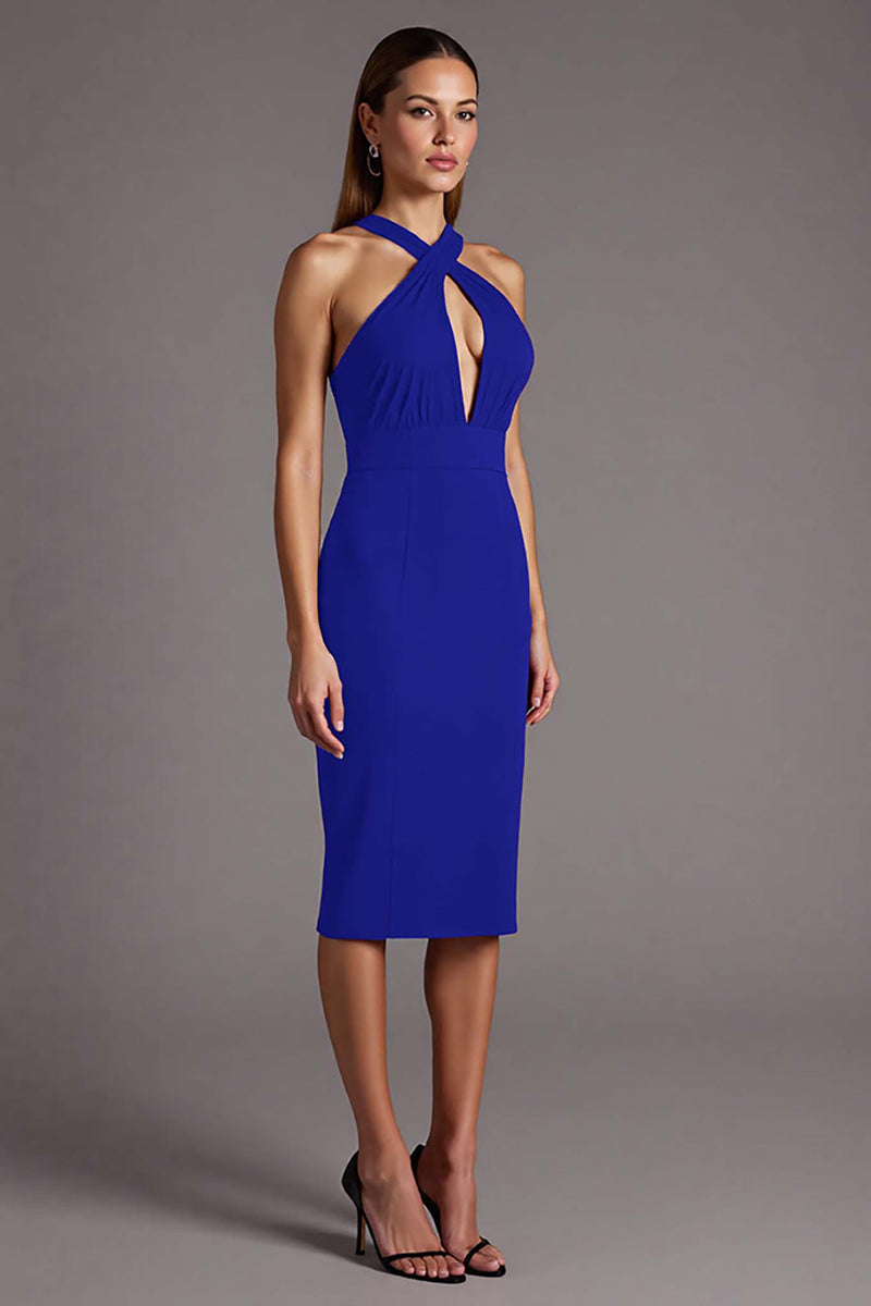 Load image into Gallery viewer, Black Satin Halter Bodycon Keyhole Midi Cocktail Dress