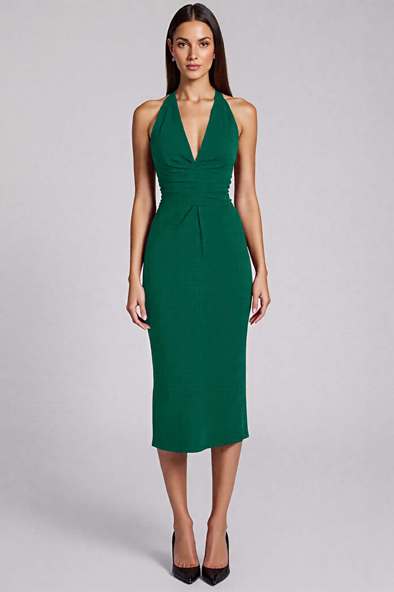 Load image into Gallery viewer, Black Satin Bodycon Backless Midi Halter Cocktail Dress