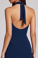Load image into Gallery viewer, Black Satin Bodycon Backless Midi Halter Cocktail Dress