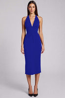 Load image into Gallery viewer, Black Satin Bodycon Backless Midi Halter Cocktail Dress