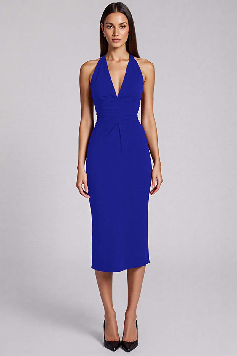 Load image into Gallery viewer, Black Satin Bodycon Backless Midi Halter Cocktail Dress