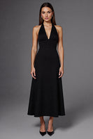 Load image into Gallery viewer, Halter Satin A Line Backless Long Black Tie Dress