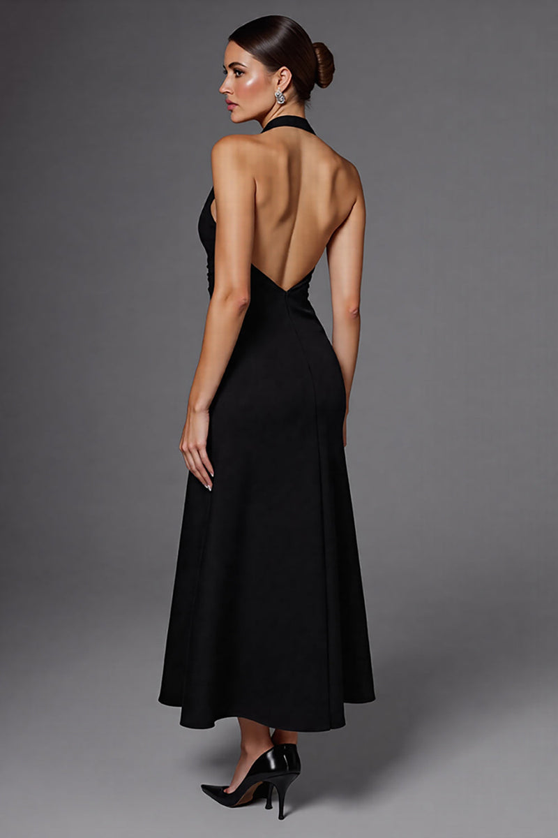 Load image into Gallery viewer, Halter Satin A Line Backless Long Black Tie Dress