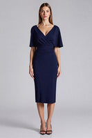 Load image into Gallery viewer, Navy Satin Bodycon V-Neck Midi Work Dress with Ruffles