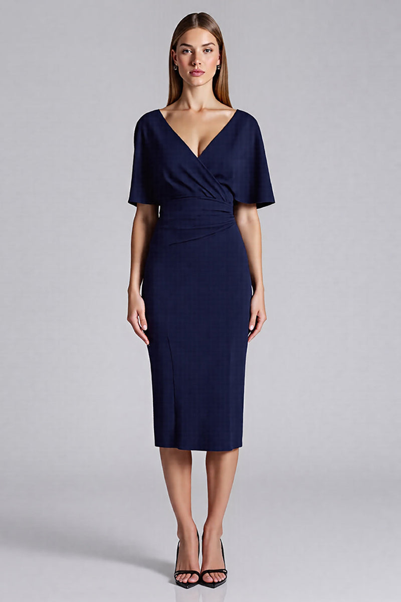 Load image into Gallery viewer, Navy Satin Bodycon V-Neck Midi Work Dress with Ruffles