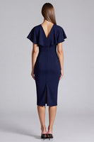 Load image into Gallery viewer, Navy Satin Bodycon V-Neck Midi Work Dress with Ruffles