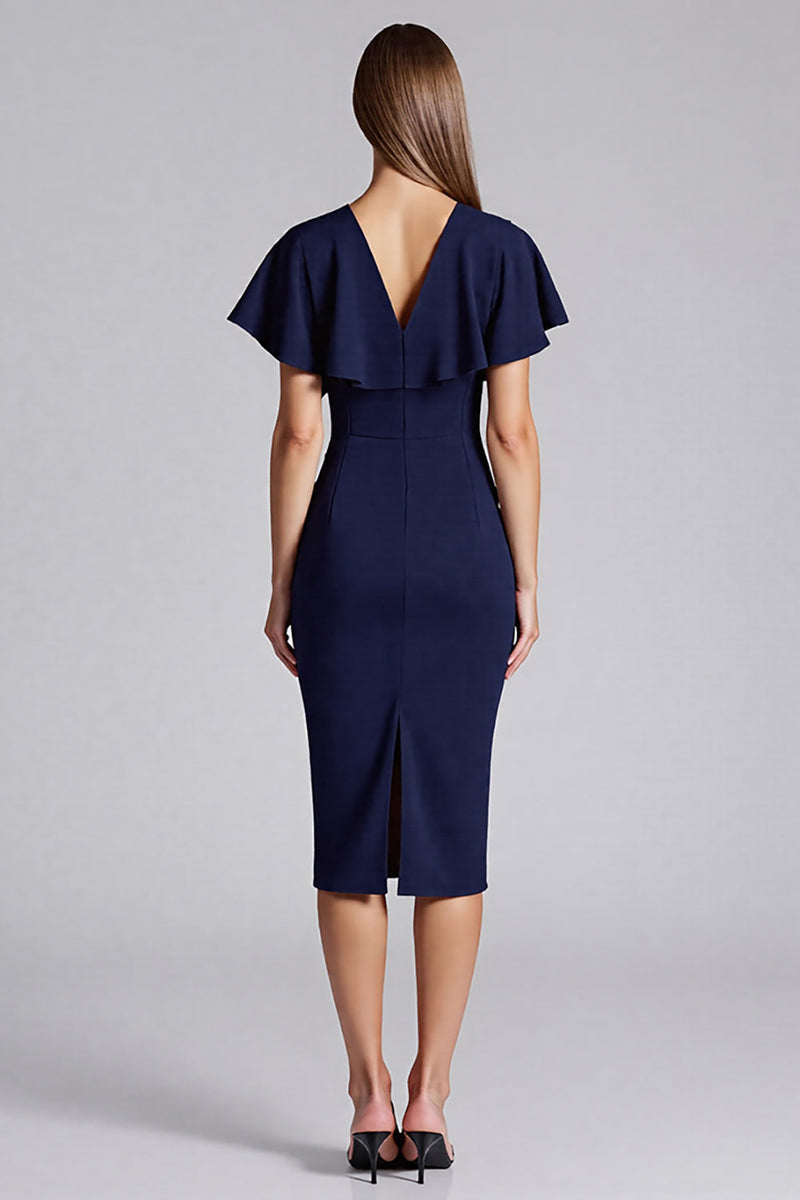 Load image into Gallery viewer, Navy Satin Bodycon V-Neck Midi Work Dress with Ruffles