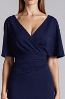 Load image into Gallery viewer, Navy Satin Bodycon V-Neck Midi Work Dress with Ruffles