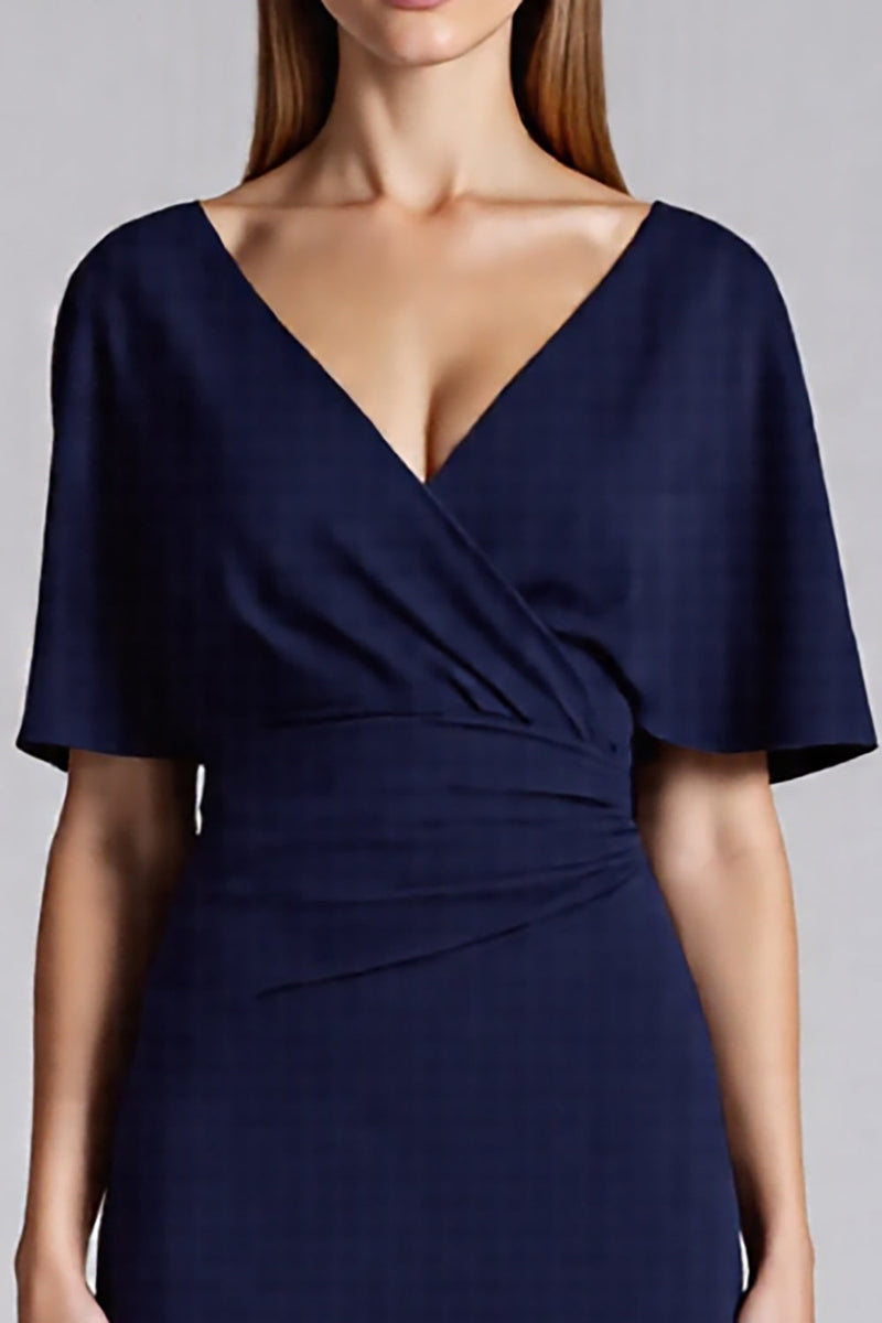 Load image into Gallery viewer, Navy Satin Bodycon V-Neck Midi Work Dress with Ruffles