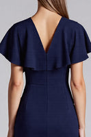Load image into Gallery viewer, Navy Satin Bodycon V-Neck Midi Work Dress with Ruffles