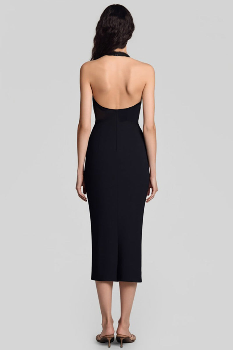 Load image into Gallery viewer, Black Sheath Satin Halter Keyhole Midi Cocktail Dress