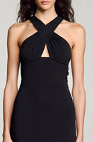 Load image into Gallery viewer, Black Sheath Satin Halter Keyhole Midi Cocktail Dress