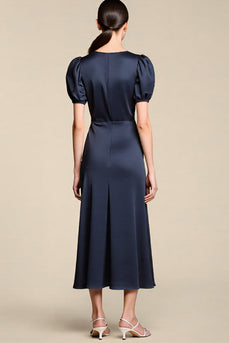 Navy Satin A Line Midi Cocktail Dress with Puff Sleeves