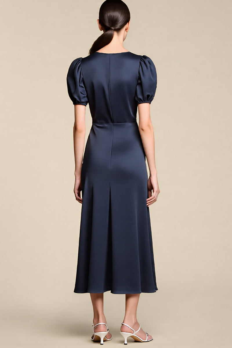 Load image into Gallery viewer, Navy Satin A Line Midi Cocktail Dress with Puff Sleeves