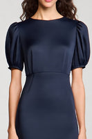 Load image into Gallery viewer, Navy Satin A Line Midi Cocktail Dress with Puff Sleeves