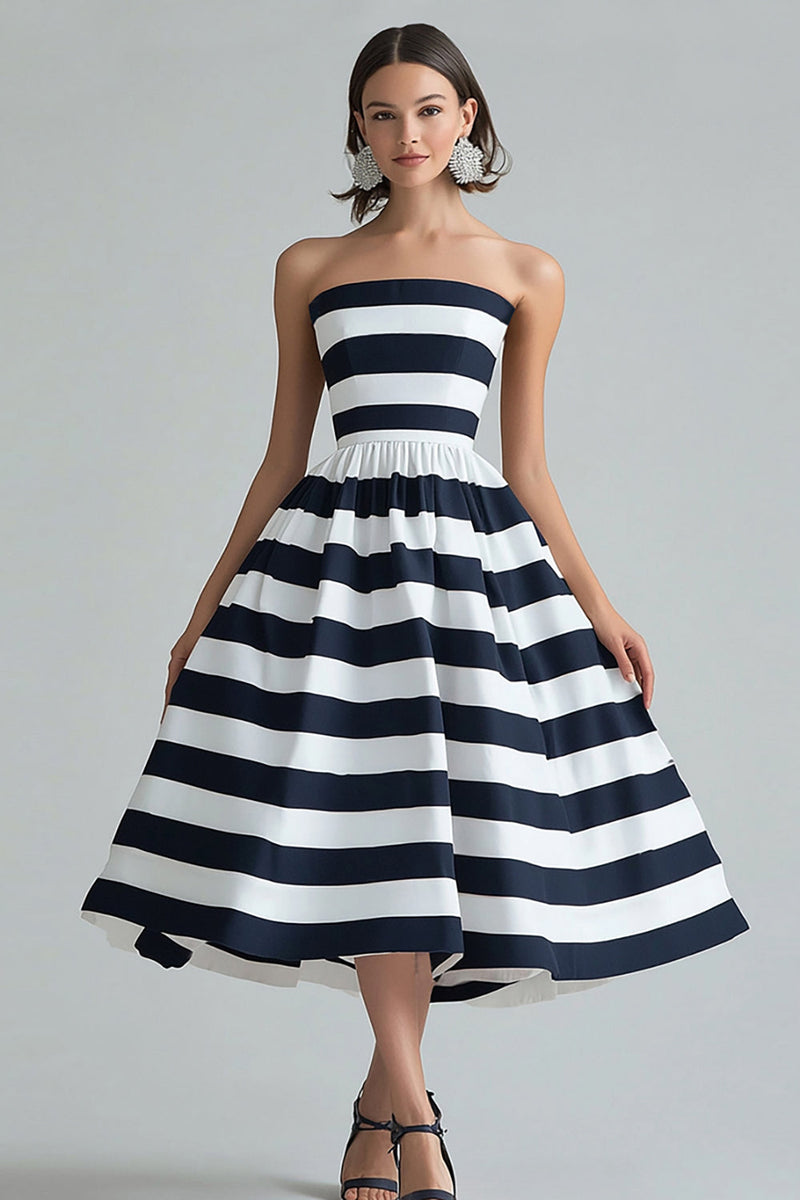 Load image into Gallery viewer, Navy White Strapless Stripe A Line Midi Cocktail Dress