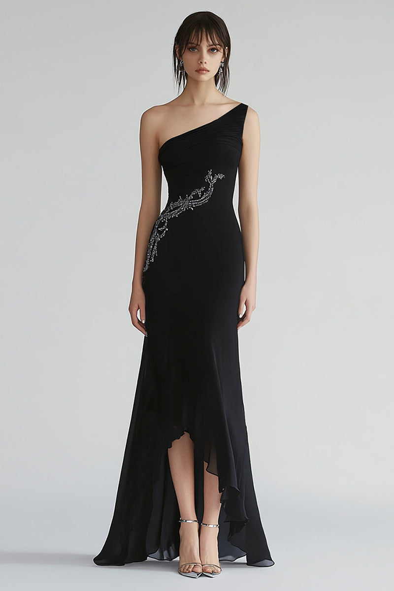 Load image into Gallery viewer, Sparkly Chiffon One Shoulder Long Black Tie Dress with Beading