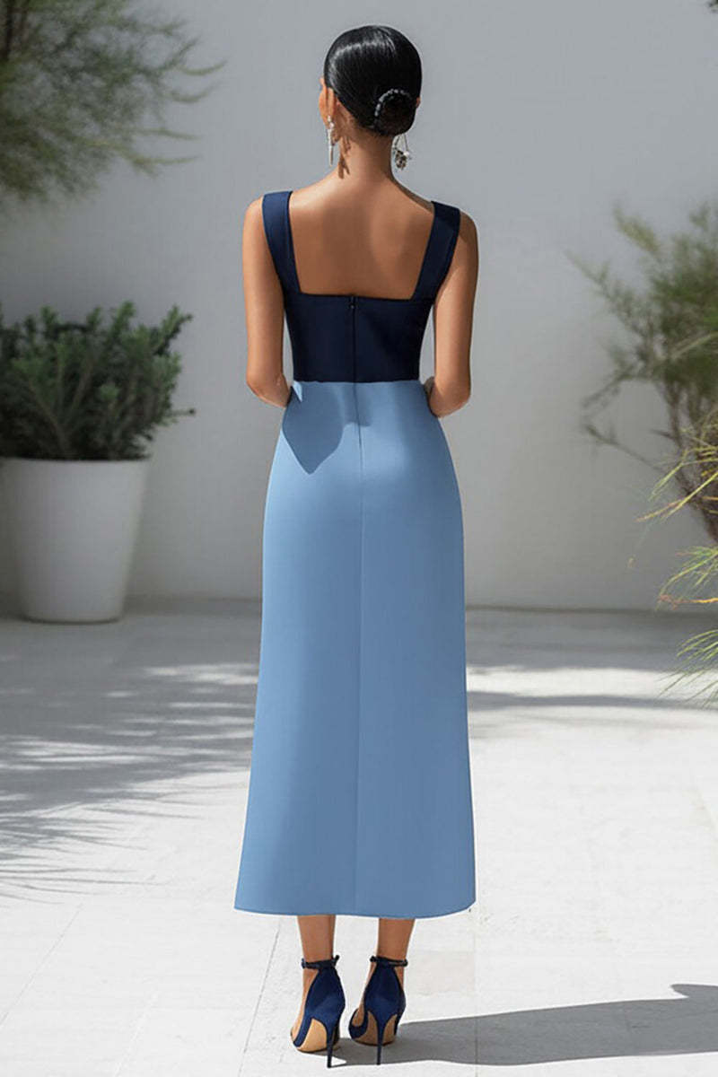 Load image into Gallery viewer, Blue Satin Sheath Patchwork Long Formal Dress with Slit