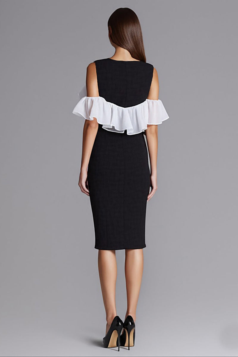 Load image into Gallery viewer, Black and White Bodycon Satin Midi Cocktail Dress with Ruffles