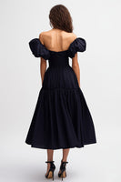 Load image into Gallery viewer, Black Satin Off the Shoulder Midi Cocktail Dress with Ruffles