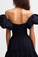 Load image into Gallery viewer, Black Satin Off the Shoulder Midi Cocktail Dress with Ruffles