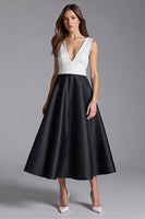 Load image into Gallery viewer, Black and White Satin V-Neck A Line Midi Cocktail Dress