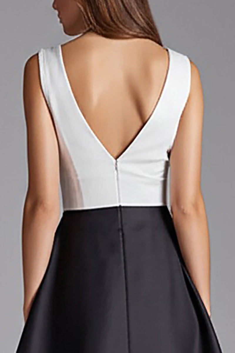 Load image into Gallery viewer, Black and White Satin V-Neck A Line Midi Cocktail Dress