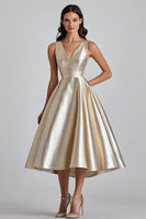 Load image into Gallery viewer, Champagne Satin V-Neck A Line Midi Cocktail Dress