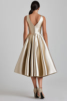 Load image into Gallery viewer, Champagne Satin V-Neck A Line Midi Cocktail Dress