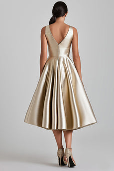 Champagne Satin V-Neck A Line Midi Cocktail Dress