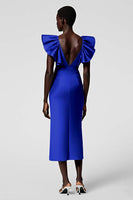 Load image into Gallery viewer, Black Satin Sheath V-Neck Midi Cocktail Dress with Ruffles
