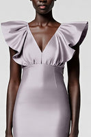 Load image into Gallery viewer, Black Satin Sheath V-Neck Midi Cocktail Dress with Ruffles