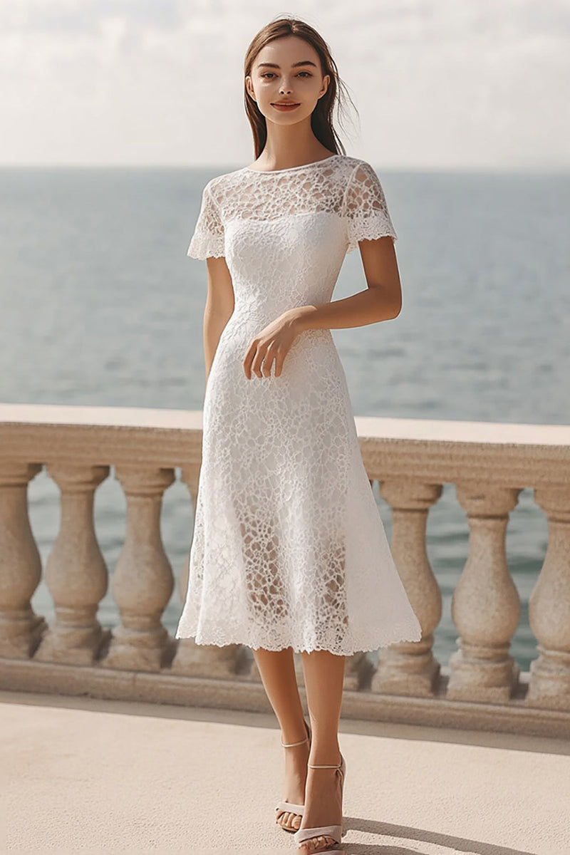 Load image into Gallery viewer, Lace Ivory A Line Midi Rehearsal Dinner Dress with Sleeves