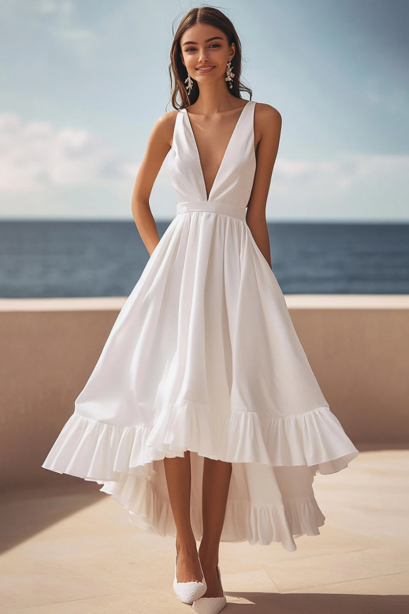 Load image into Gallery viewer, Ivory Satin Deep V-Neck High-Low Engagement Dress