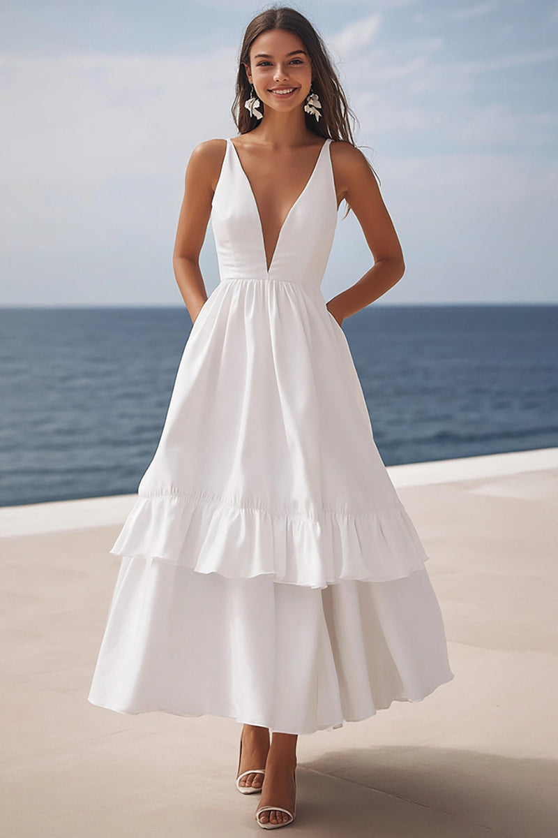Load image into Gallery viewer, Ivory Satin Deep V-Neck Maxi Rehearsal Dinner Dress with Ruffles