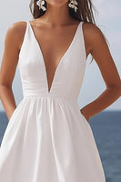 Load image into Gallery viewer, Ivory Satin Deep V-Neck Maxi Rehearsal Dinner Dress with Ruffles