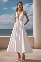Load image into Gallery viewer, Simple Ivory Satin Deep V-Neck Maxi Wedding Reception Dress