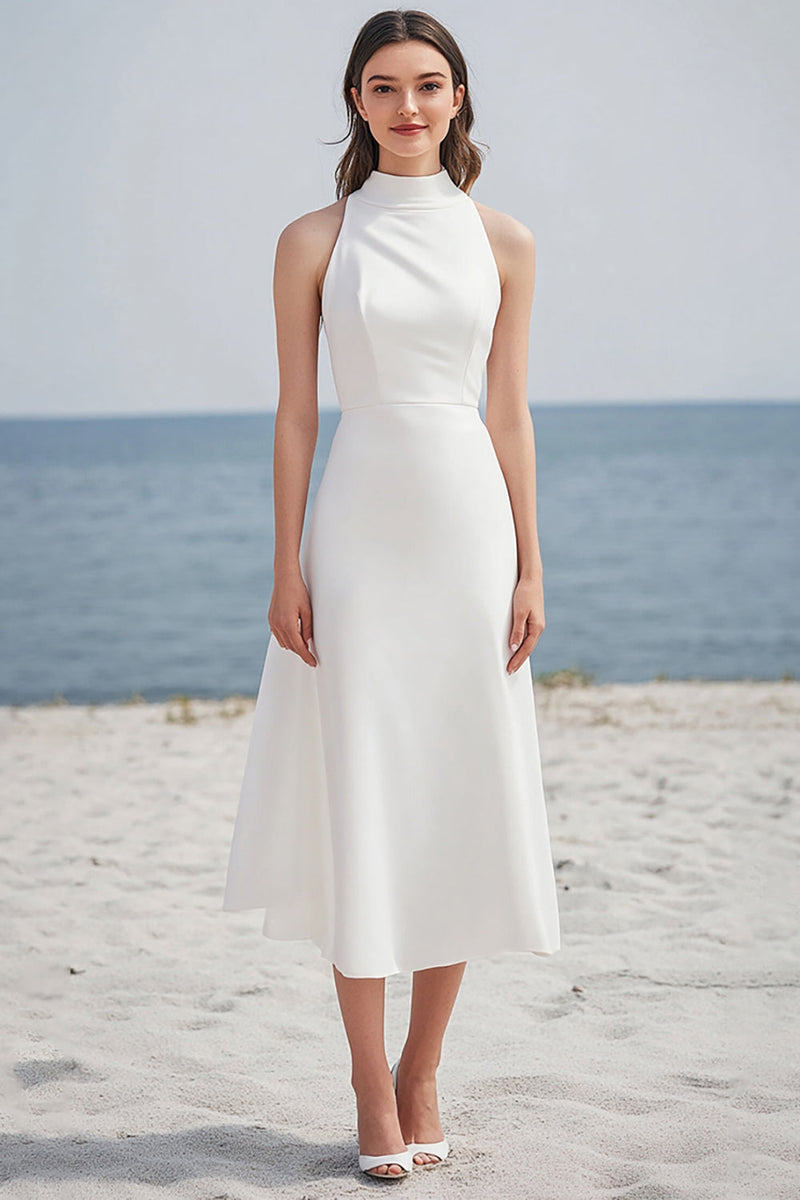 Load image into Gallery viewer, Ivory Satin High Neck Long Rehearsal Dinner Dress