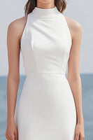 Load image into Gallery viewer, Ivory Satin High Neck Long Rehearsal Dinner Dress