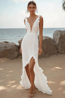 Load image into Gallery viewer, Lace Ivory Deep V-Neck High-Low Rehearsal Dinner Dress with Ruffles
