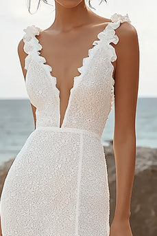 Lace Ivory Deep V-Neck High-Low Rehearsal Dinner Dress with Ruffles