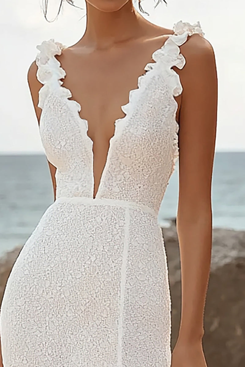 Load image into Gallery viewer, Lace Ivory Deep V-Neck High-Low Rehearsal Dinner Dress with Ruffles