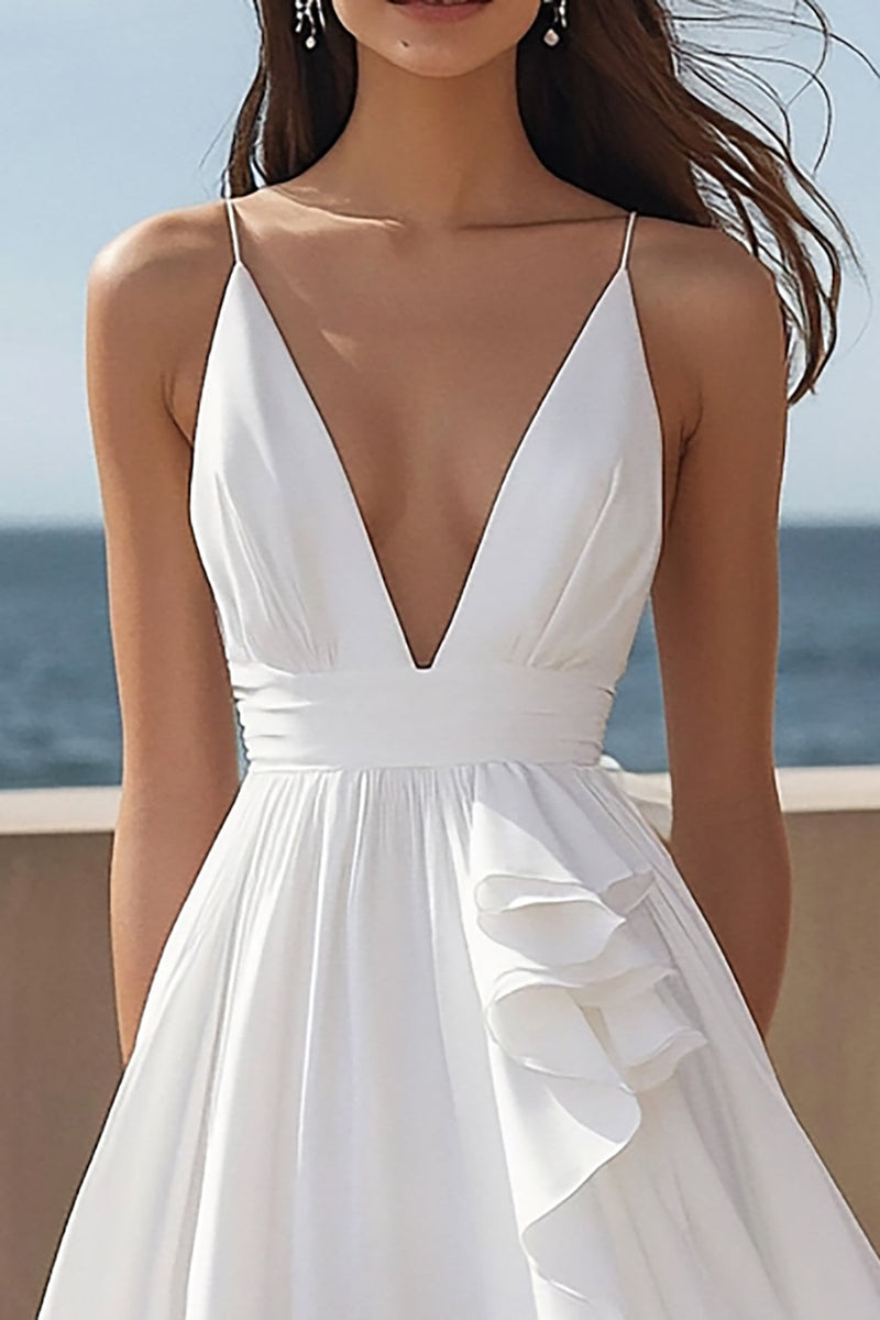Load image into Gallery viewer, Ivory Satin A Line V-Neck Maxi Rehearsal Dinner Dress with Ruffles