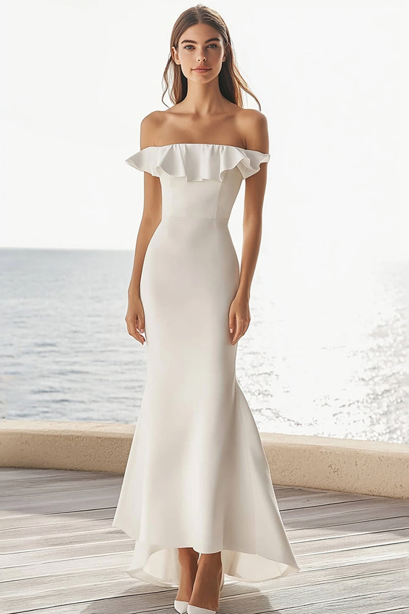 Load image into Gallery viewer, Ivory Satin Maxi Mermaid Wedding Reception Dress with Ruffles