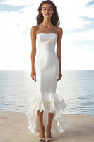 Load image into Gallery viewer, Ivory Strapless Mermaid High-Low Wedding Reception Dress with Ruffles